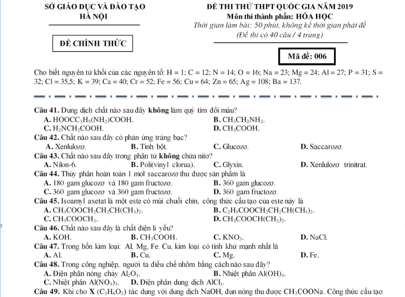 Đề thi thử THPT QG 2019 - Môn hóa học lớp 12
