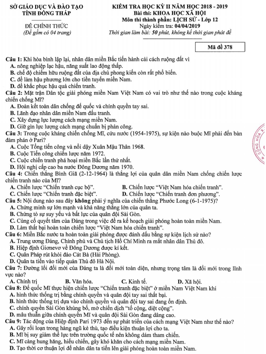 Đề kiểm tra Lịch sử 12 HKII -Sở GDĐT Đồng Tháp -2018 - 2019
