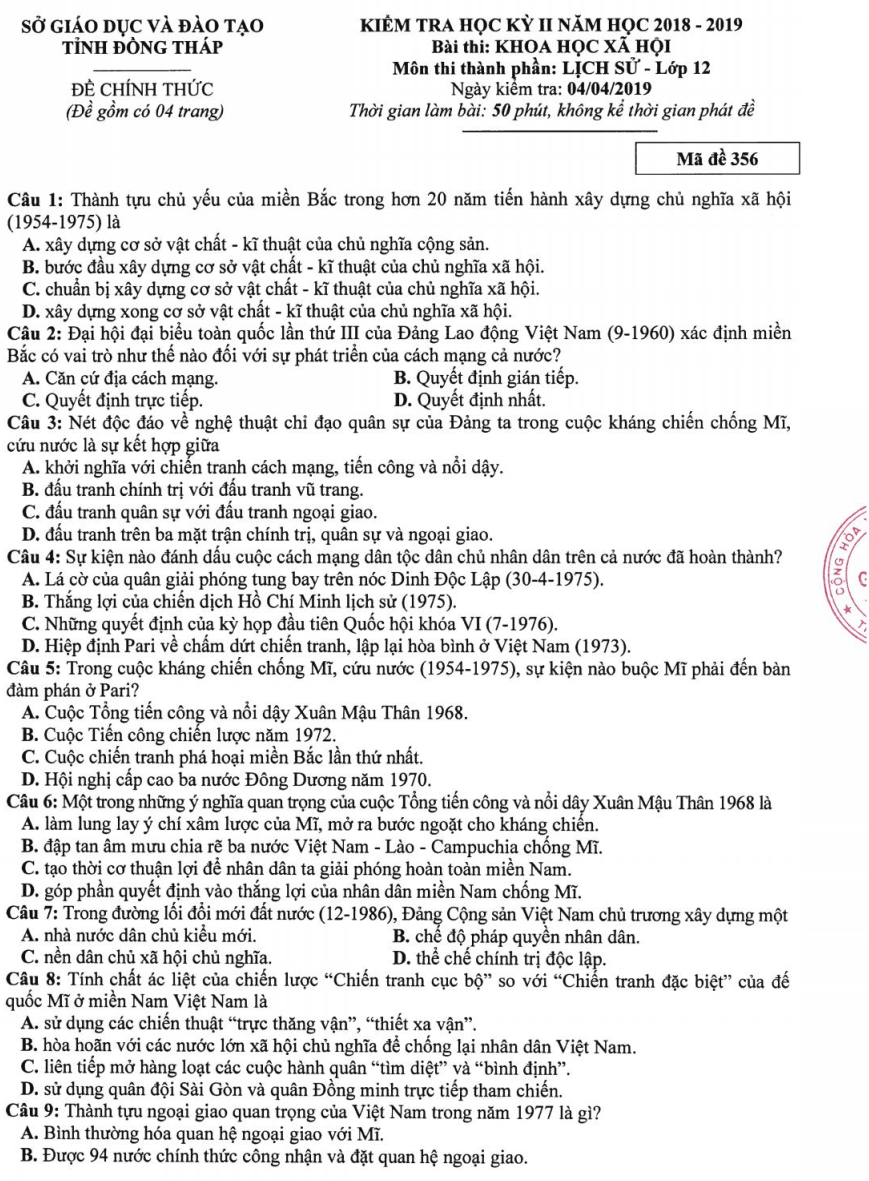 Đề kiểm tra Lịch Sử 12 HKII -Sở GDĐT Đồng Tháp -356