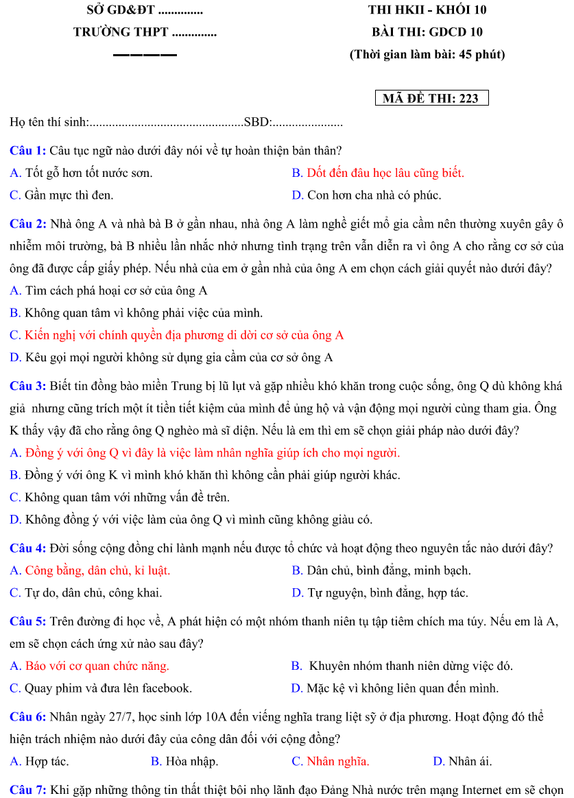 Đề KT HKII -2018-2019 - mã 223