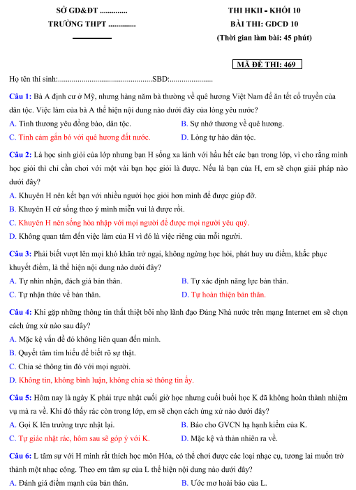 Đề KT HKII - 2018-2019 - mã 469