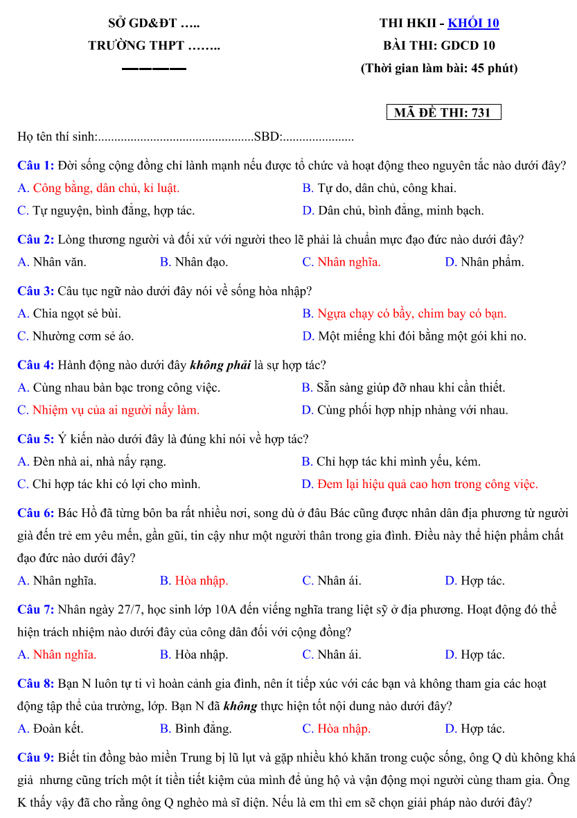 Đề KT HKII - 2018-2019 -mã 731