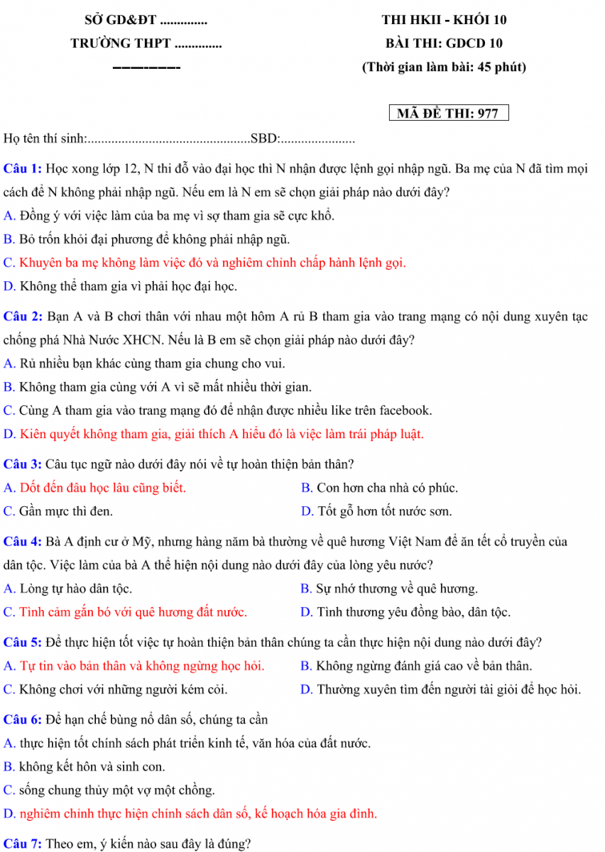 Đề KT HKII - 2018-2019 -mã 977