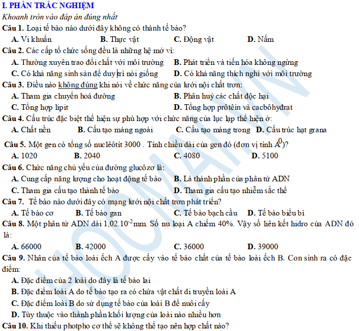 Đề thi học kì I môn Sinh Học lớp 10