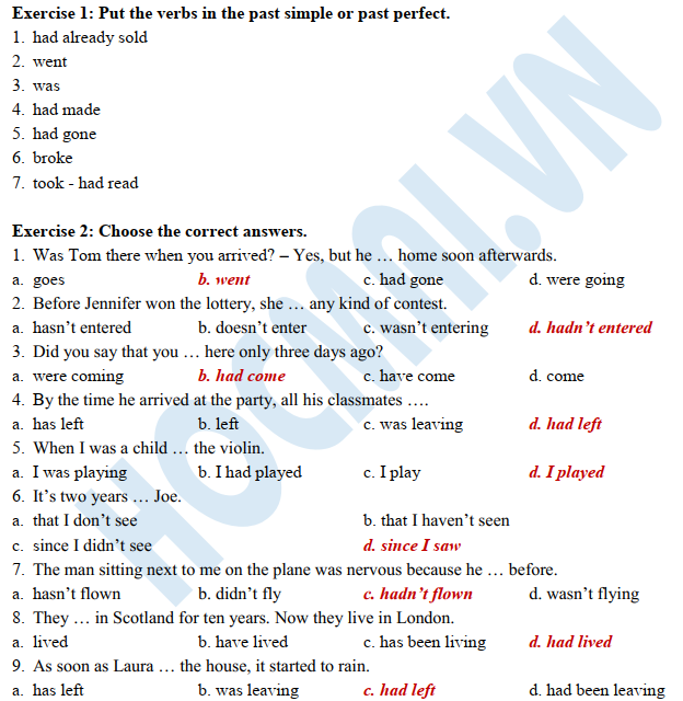 Qúa khứ đơn và quá khứ hoàn thành - Đáp án BTTL