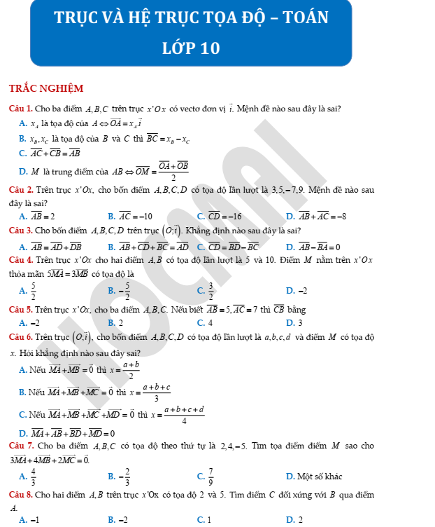 Bài tập trắc nghiệm trục và hệ trục tọa độ
