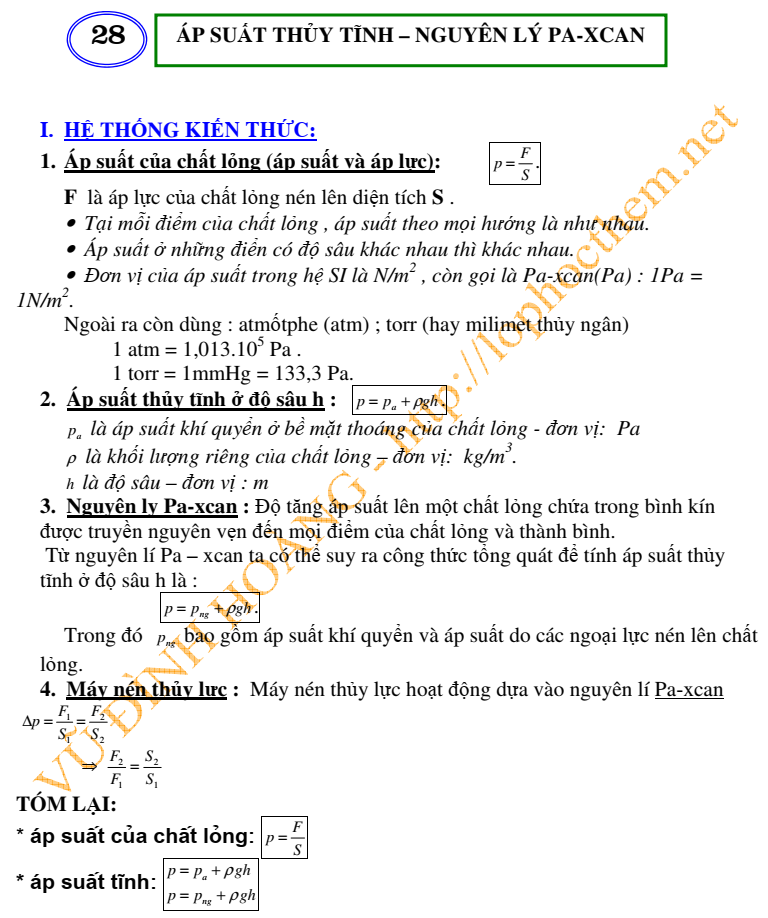 Áp suất thủy tĩnh - Nguyên Lý Pa-xcan