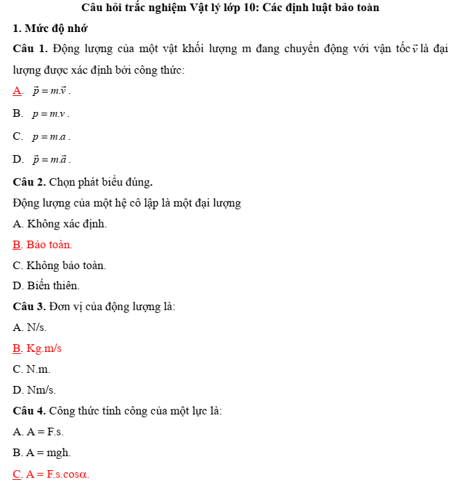 Câu hỏi trắc nghiệm Các định luật bảo toàn
