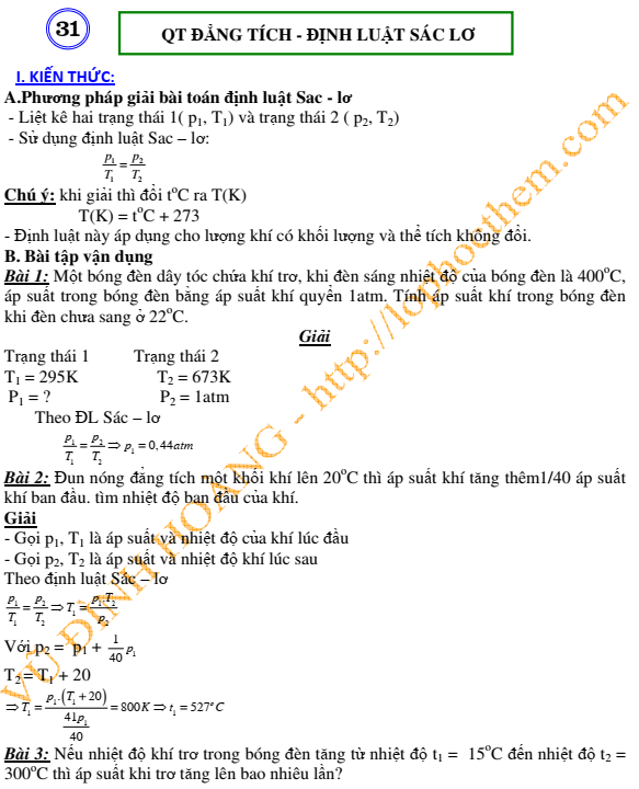 QT Đẳng tích - Định luật Sác Lơ