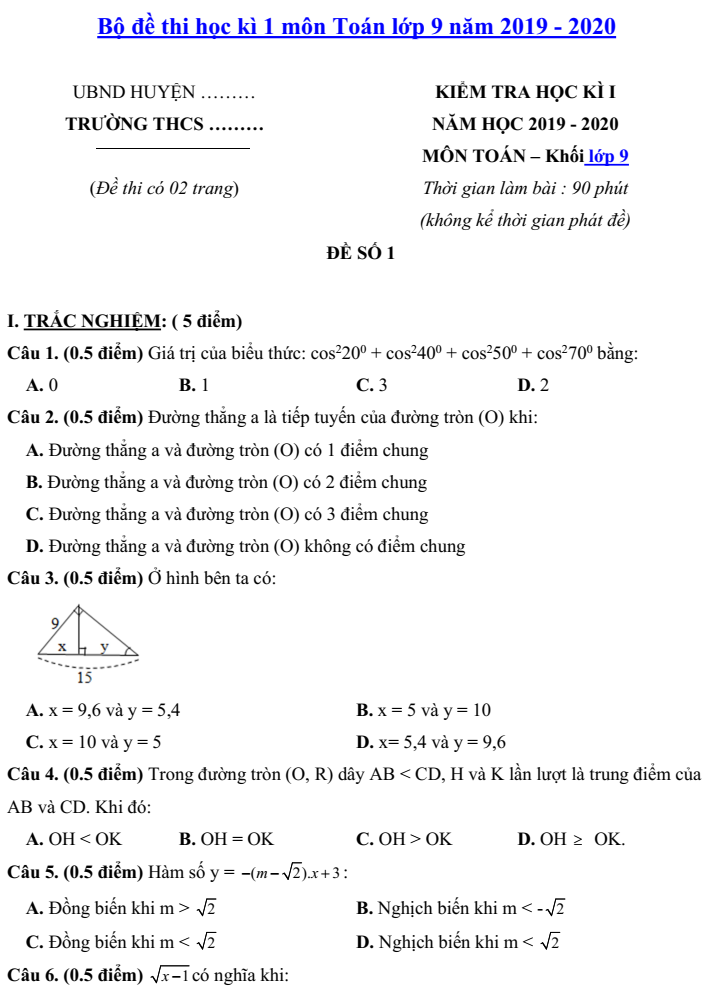 Đề thi HKI môn Toán 2019-2020