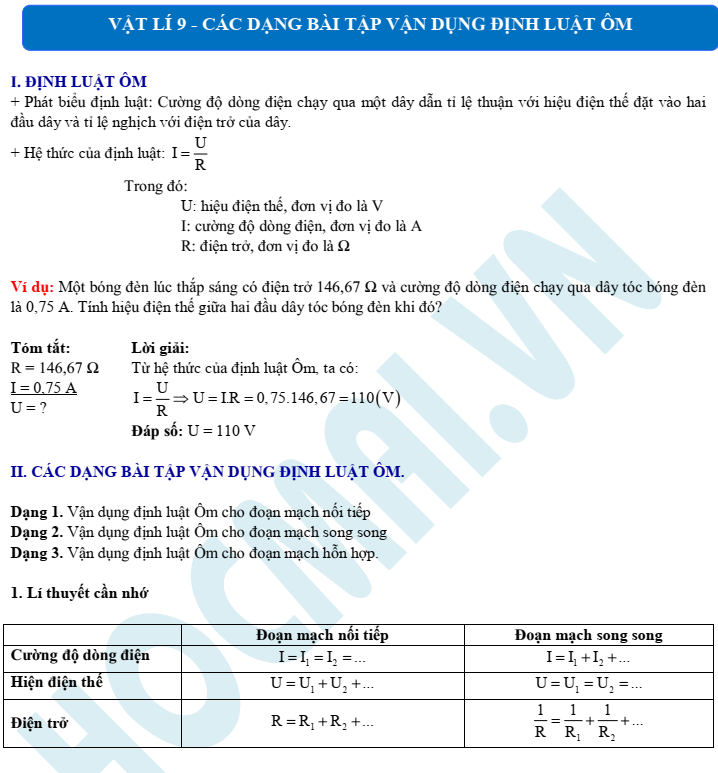 Các dạng bài tập vận dụng định luật Ôm