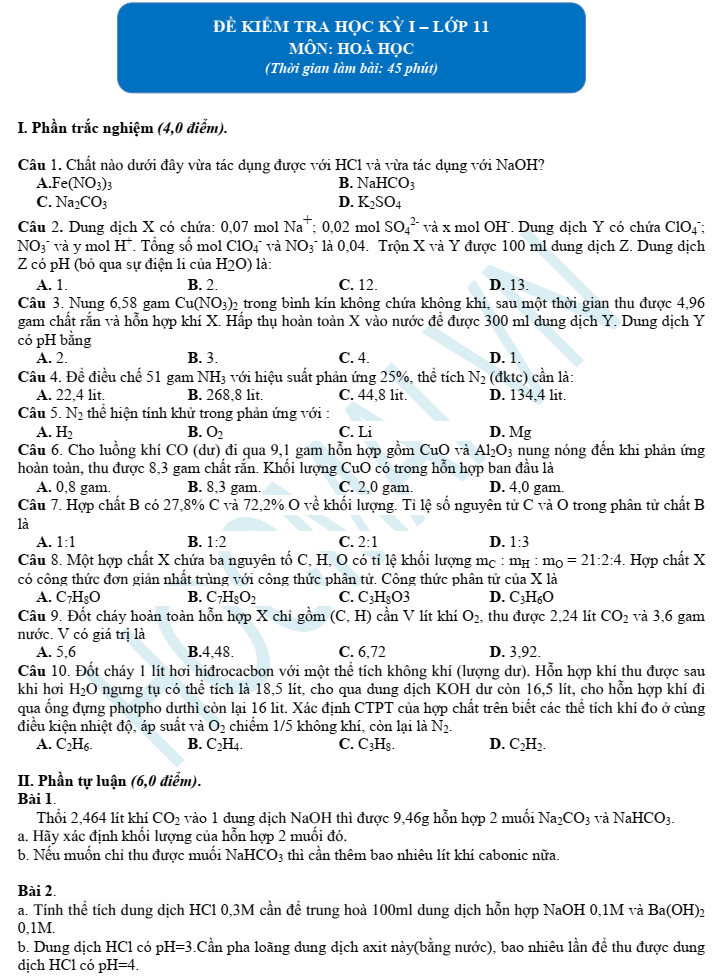 Hoá học lớp 11 - Đề kiểm tra học kỳ I