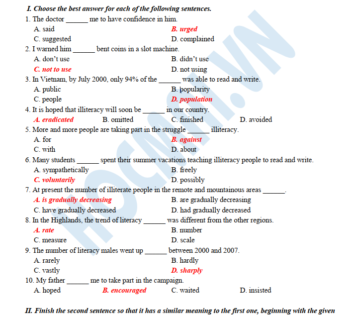 U5 - Grammar - Đáp án Bài tập môn tiếng Anh 11