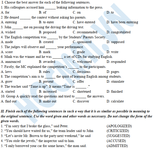 U6 - Grammar Bài tập tự luyện  tiếng Anh 11