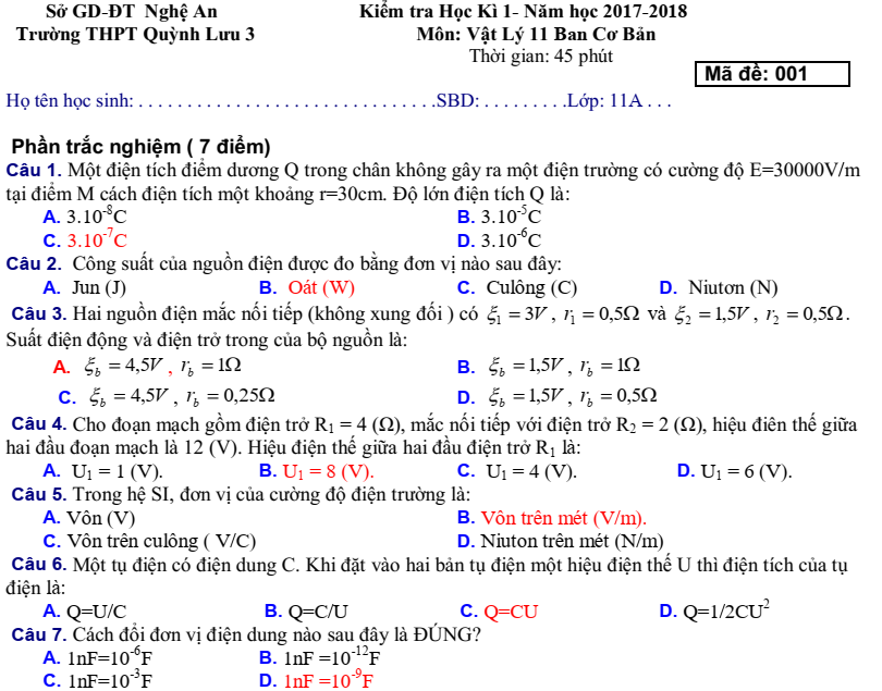 Đề thi Vật Lý 11 THPT Quỳnh Lưu 3 Nghệ An