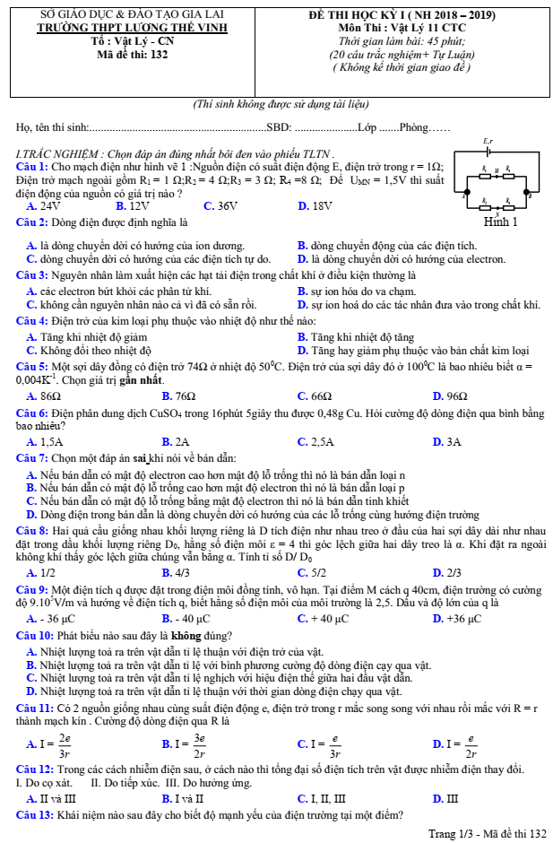 Vật Lý 11- Đề thi HKI THPT Lương Thế Vinh -Gia Lai
