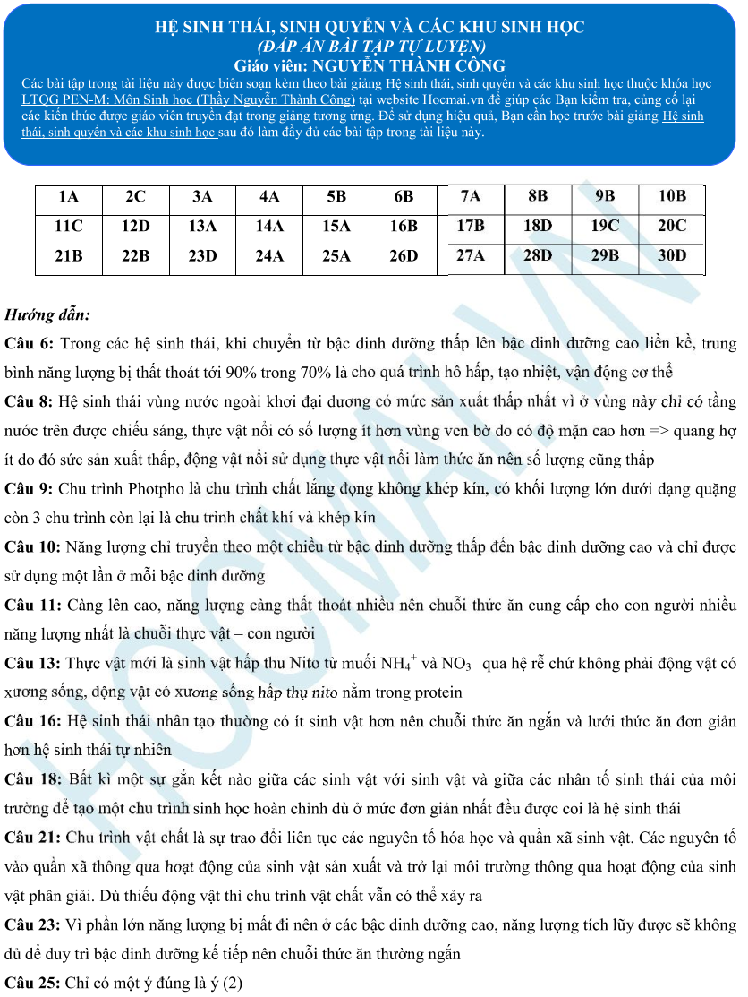 Bài tập tự luyện Hệ sinh thái - sinh quyển - Sinh học 12