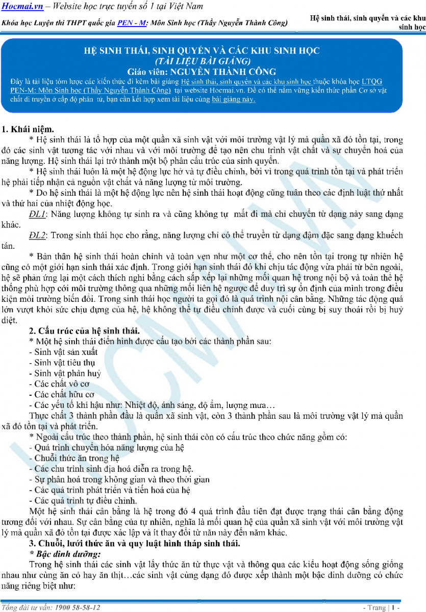 Lý thuyết hệ sinh thái sinh quyển - Sinh học lớp 12