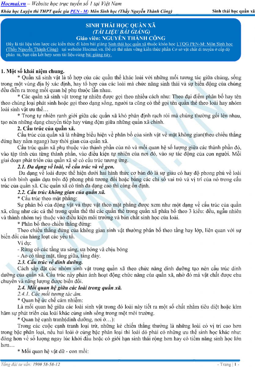 Lý thuyết sinh thái học quần xã - Sinh học lớp 12