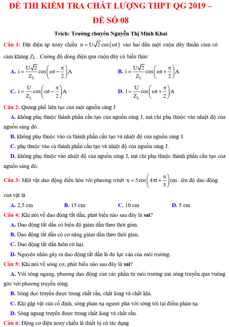 Đề kiểm tra chất lượng vật lý lớp 12