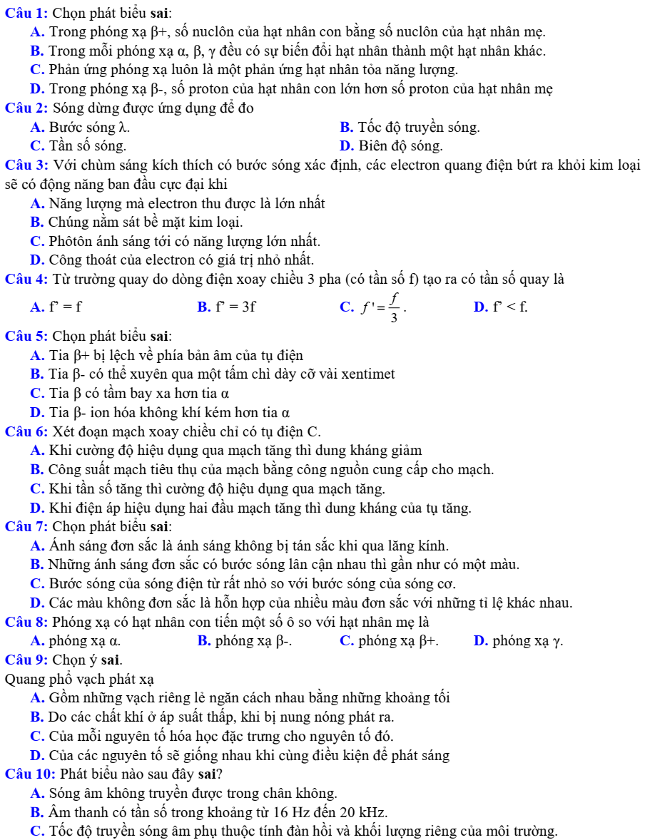 Đề KT chất lượng THPT QG 2019 - Đề số 9 - Vật lý 12