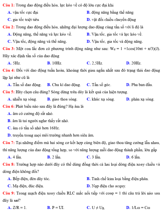 Đề thi đánh giá năng lực môn Vật Lý lớp 12 