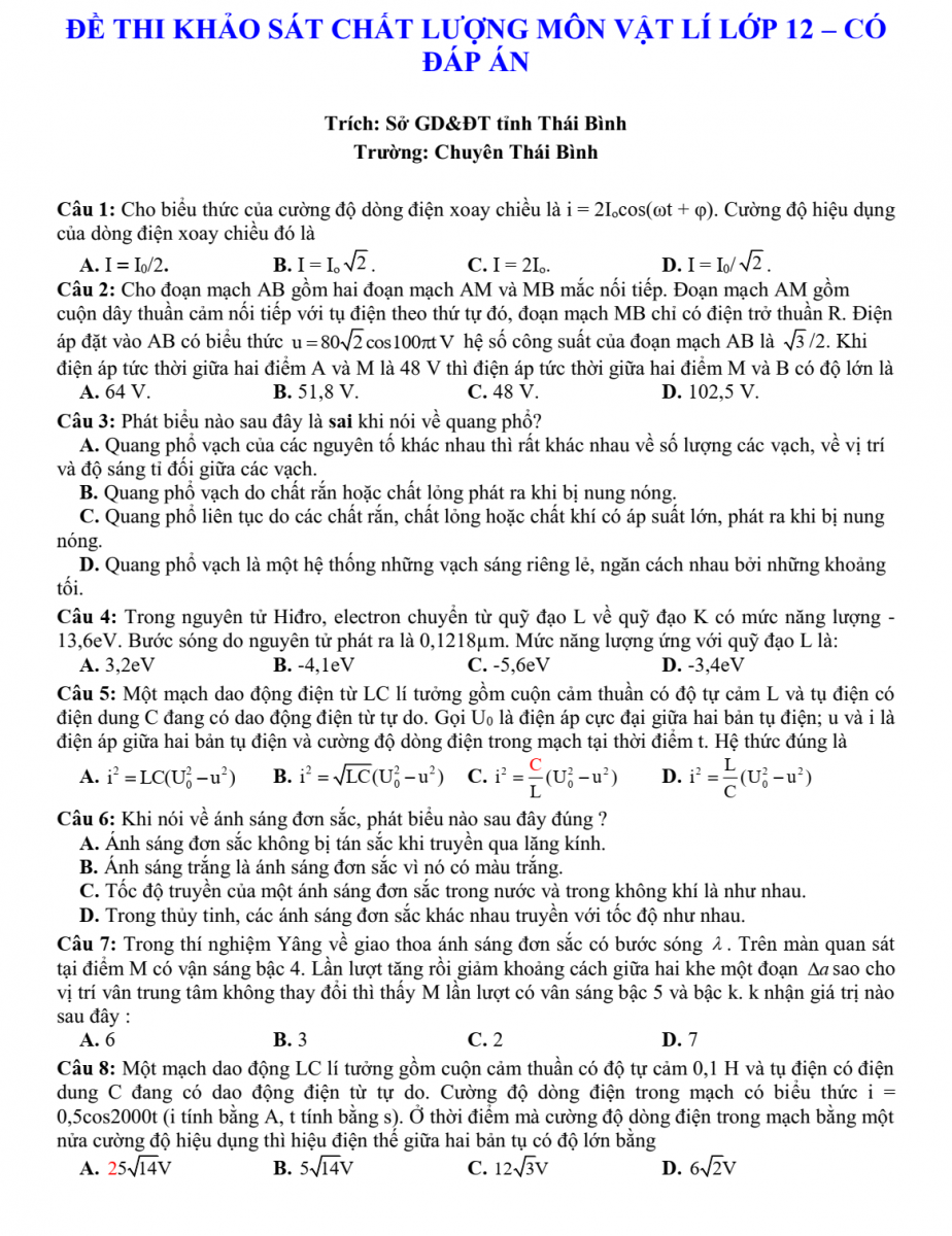 Đề thi KTCL môn Vật Lý 12 chuyên Thái Bình - có đáp án