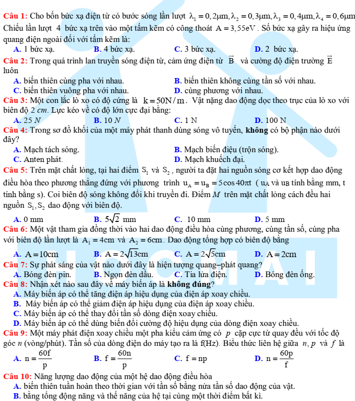 Đề thi thử môn Vật Lý lớp 12 THPT QG 2019 - Có lời giải