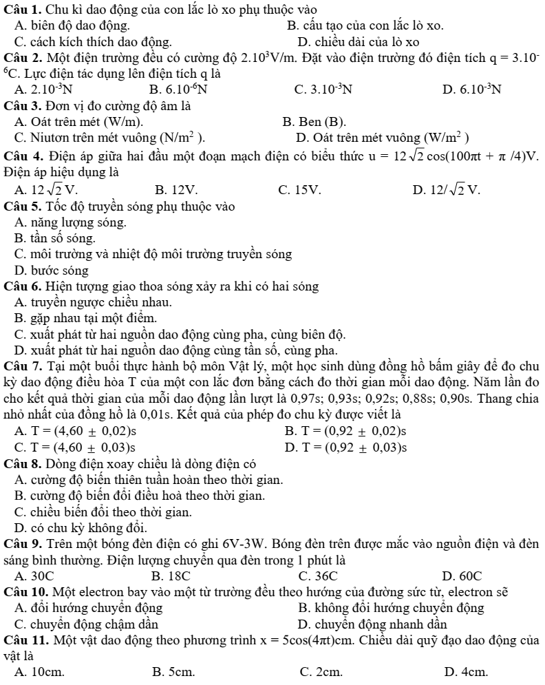 Đề thi thử Vật Lý Lớp 12 THPT QG 2019